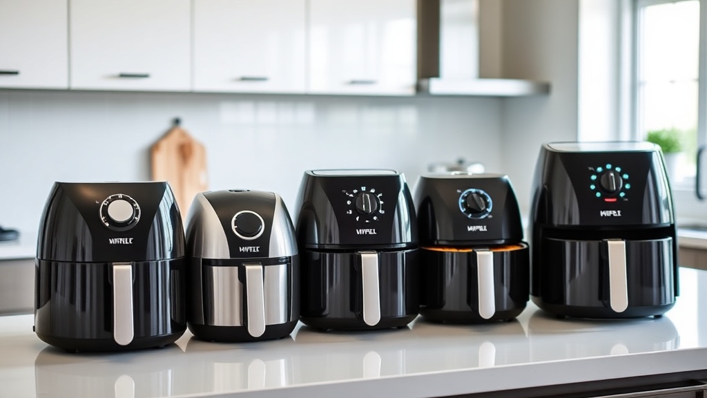 다양한 크기의 에어프라이어가 주방 조리대 위에 나란히 놓여 있어 용량별 크기 차이를 직관적으로 비교할 수 있는 모습