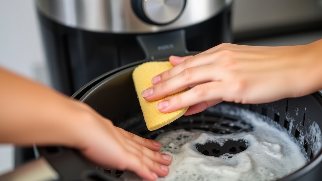 에어프라이어 바스켓을 부드러운 스펀지로 세척하는 모습